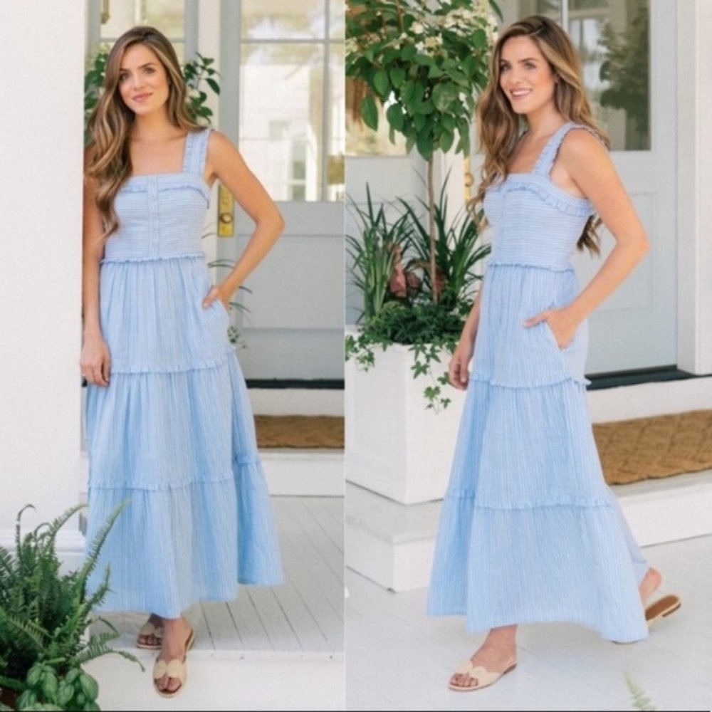 Gal Meets Glam Courtney Rio Stripe Maxi Blue Dress